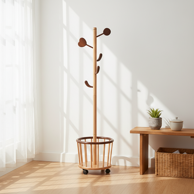 Modern Minimalist Tree Bud Heart Design Solid Wood Movable Hall Tree 1-Storage For Entryway & Hallway