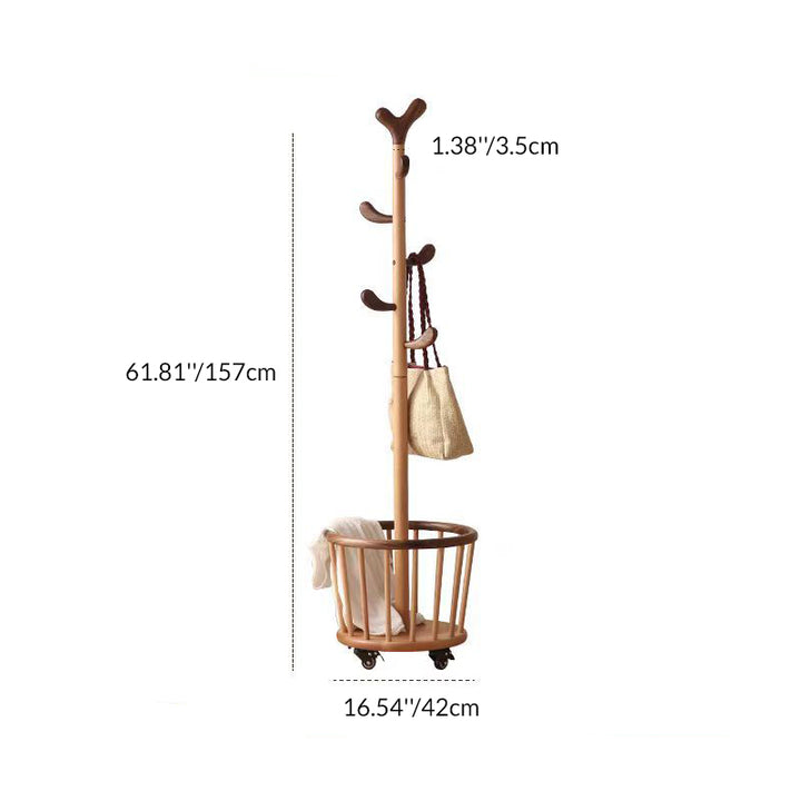 Modern Minimalist Tree Bud Heart Design Solid Wood Movable Hall Tree 1-Storage For Entryway &amp; Hallway