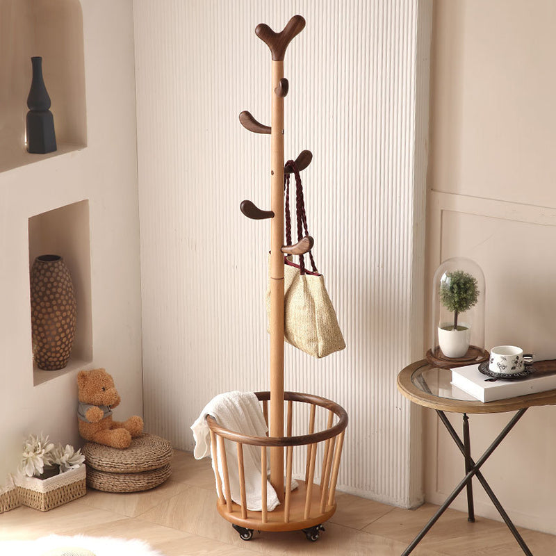 Modern Minimalist Tree Bud Heart Design Solid Wood Movable Hall Tree 1-Storage For Entryway &amp; Hallway