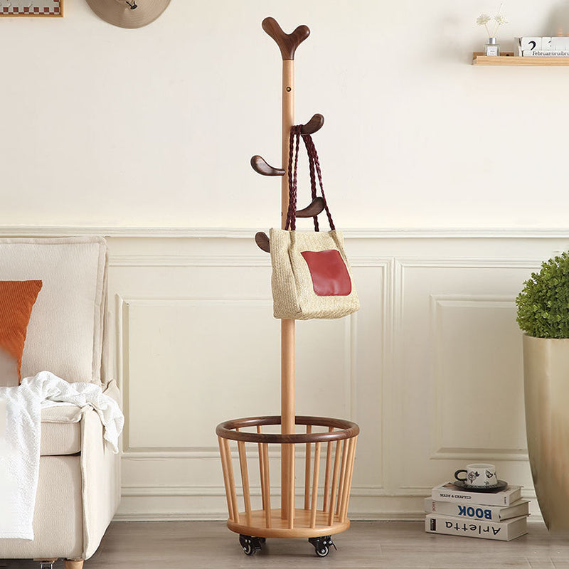Modern Minimalist Tree Bud Heart Design Solid Wood Movable Hall Tree 1-Storage For Entryway &amp; Hallway