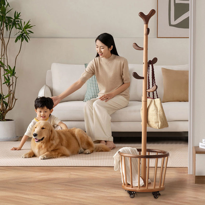 Modern Minimalist Tree Bud Heart Design Solid Wood Movable Hall Tree 1-Storage For Entryway & Hallway