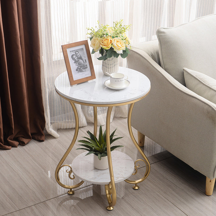 Modern Luxury Round Stone Slab Wrought Iron End Table 2-Tier For Living Room