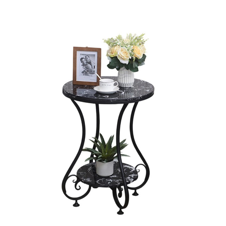 Modern Luxury Round Stone Slab Wrought Iron End Table 2-Tier For Living Room