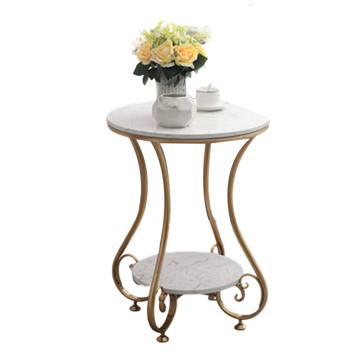 Modern Luxury Round Stone Slab Wrought Iron End Table 2-Tier For Living Room
