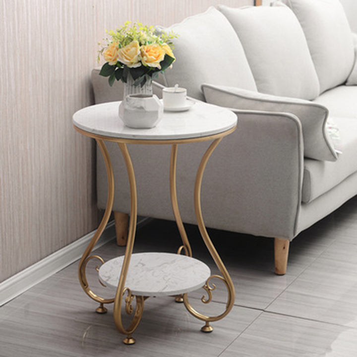 Modern Luxury Round Stone Slab Wrought Iron End Table 2-Tier For Living Room