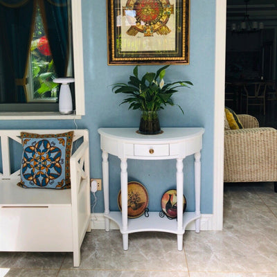 Traditional Chinese Semi-Circular Design Solid Wood MDF Console Table 1-Drawer For Living Room & Entryway