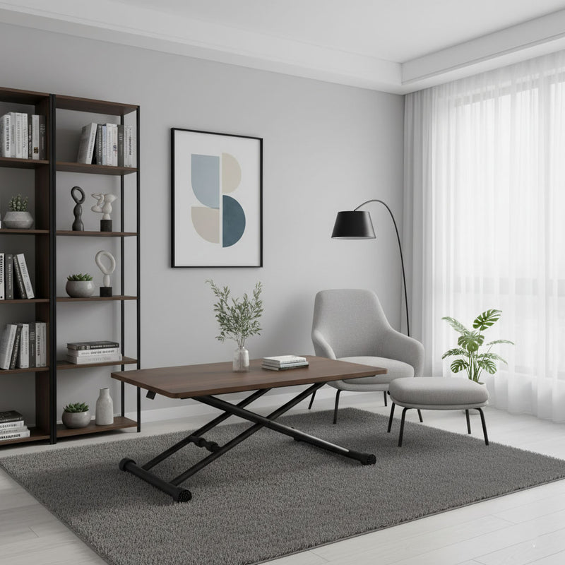 Modern Minimalist Rectangular Rounded-Corner MDF Carbon Steel Height Adjustable Coffee Table For Living Room