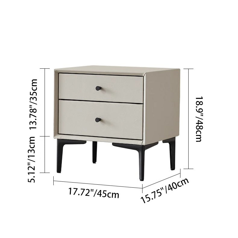 Contemporary Nordic Rectangular Solid Wood Faux Leather Carbon Steel Nightstand 2-Drawer For Bedroom