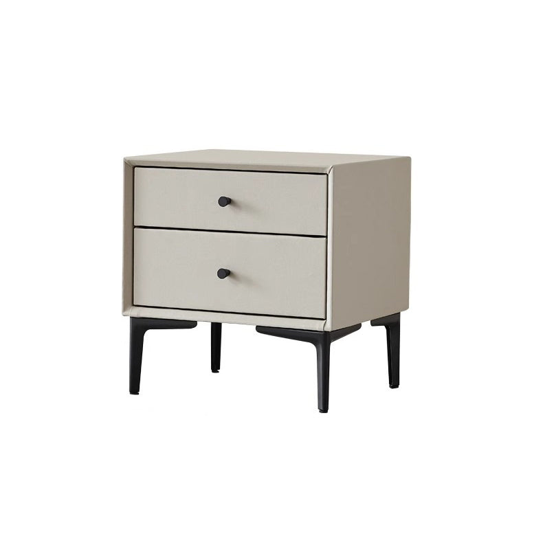 Contemporary Nordic Rectangular Solid Wood Faux Leather Carbon Steel Nightstand 2-Drawer For Bedroom