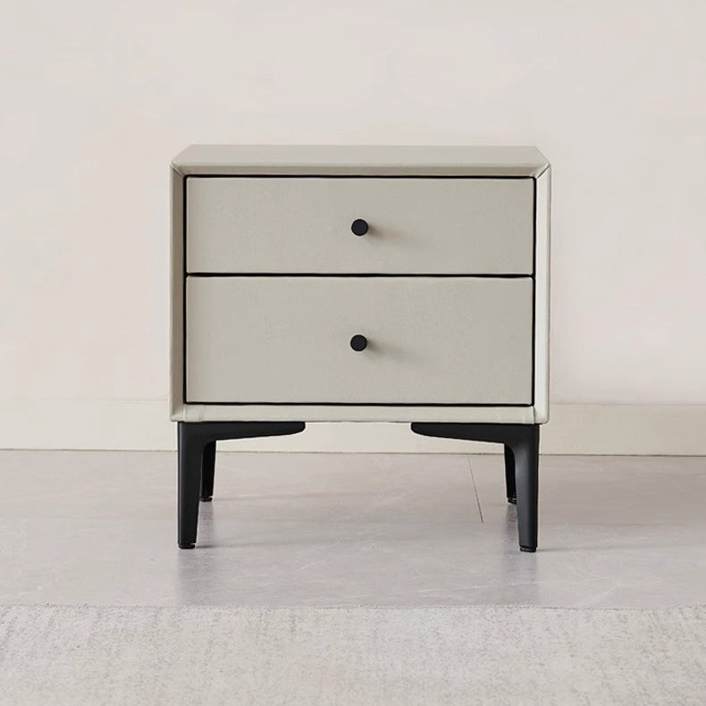 Contemporary Nordic Rectangular Solid Wood Faux Leather Carbon Steel Nightstand 2-Drawer For Bedroom