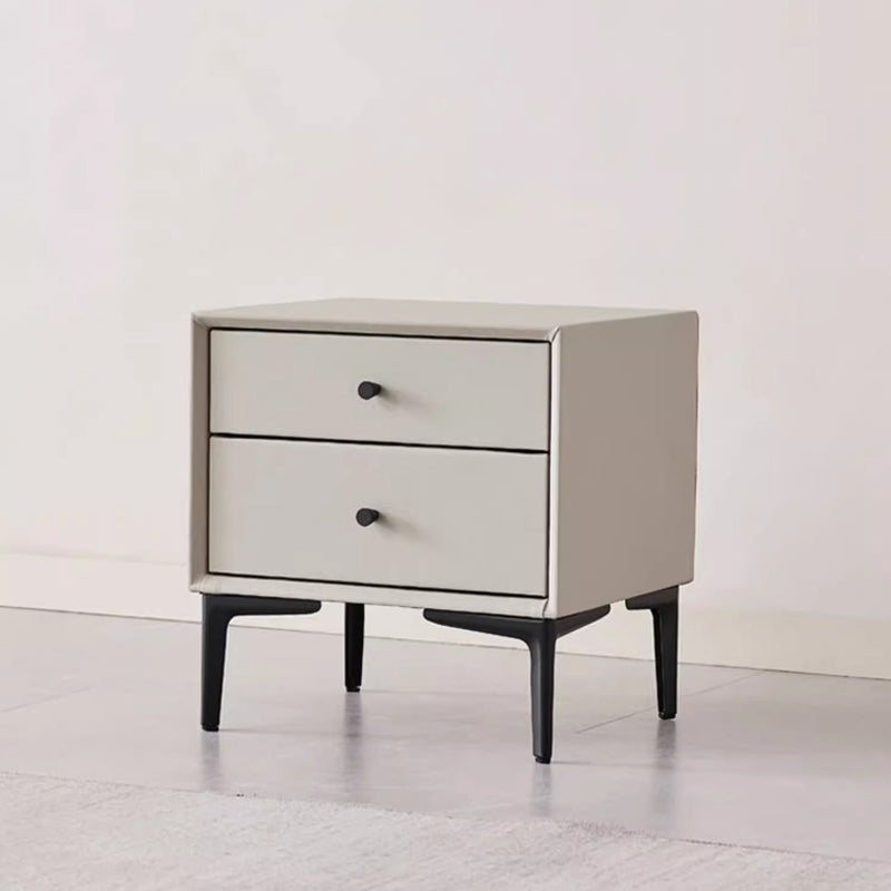 Contemporary Nordic Rectangular Solid Wood Faux Leather Carbon Steel Nightstand 2-Drawer For Bedroom