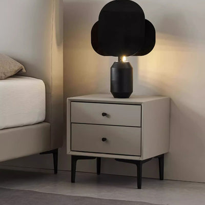 Contemporary Nordic Rectangular Solid Wood Faux Leather Carbon Steel Nightstand 2-Drawer For Bedroom