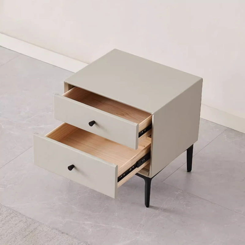 Contemporary Nordic Rectangular Solid Wood Faux Leather Carbon Steel Nightstand 2-Drawer For Bedroom