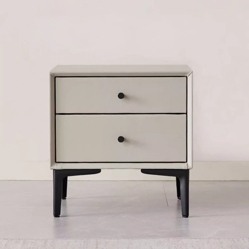 Contemporary Nordic Rectangular Solid Wood Faux Leather Carbon Steel Nightstand 2-Drawer For Bedroom