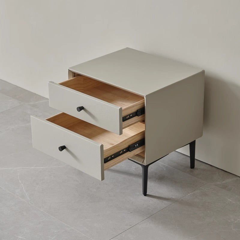 Contemporary Nordic Rectangular Solid Wood Faux Leather Carbon Steel Nightstand 2-Drawer For Bedroom