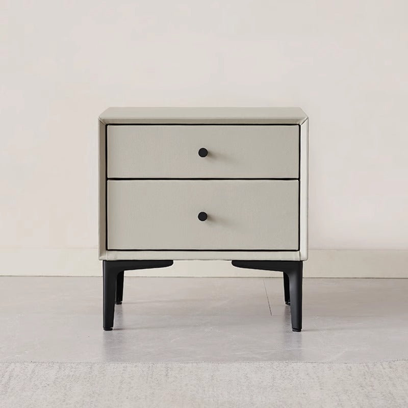 Contemporary Nordic Rectangular Solid Wood Faux Leather Carbon Steel Nightstand 2-Drawer For Bedroom