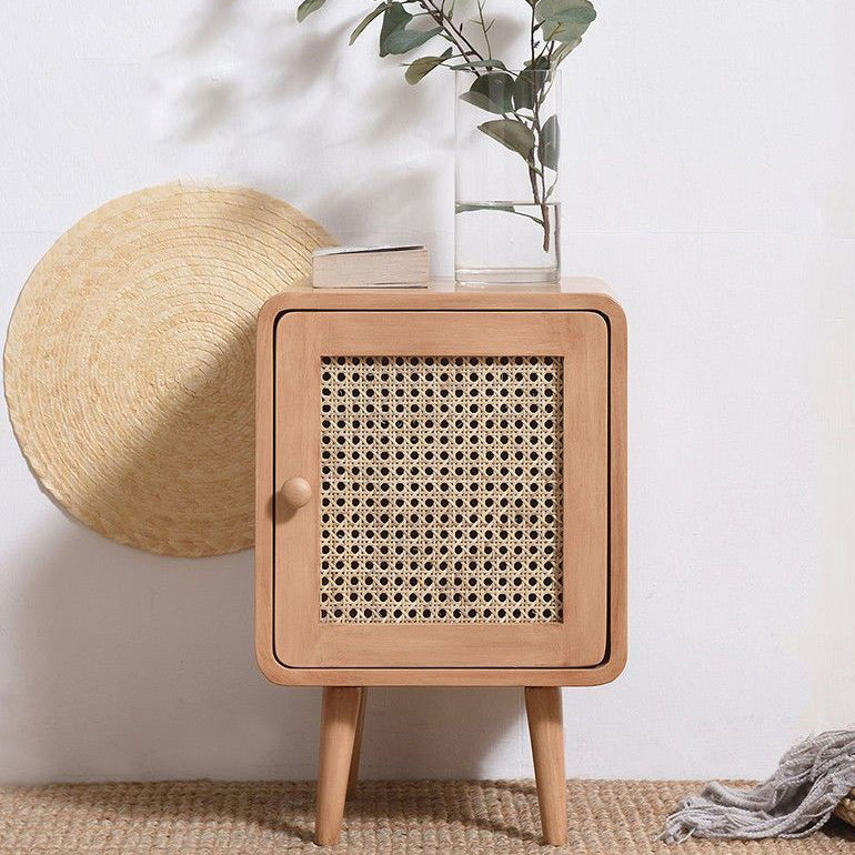 Contemporary Scandinavian Rounded-Edge Rectangular Particleboard MDF Pinewood Rattan Weaving End Table 1-Cabinet For Bedroom & Living Room
