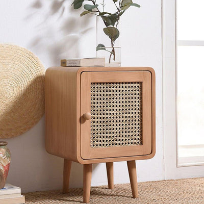 Contemporary Scandinavian Rounded-Edge Rectangular Particleboard MDF Pinewood Rattan Weaving End Table 1-Cabinet For Bedroom & Living Room