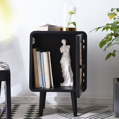Contemporary Scandinavian Rounded-Edge Rectangular Particleboard MDF Pinewood Rattan Weaving End Table 1-Cabinet For Bedroom & Living Room