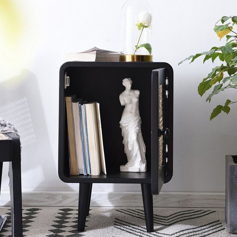 Contemporary Scandinavian Rounded-Edge Rectangular Particleboard MDF Pinewood Rattan Weaving End Table 1-Cabinet For Bedroom & Living Room