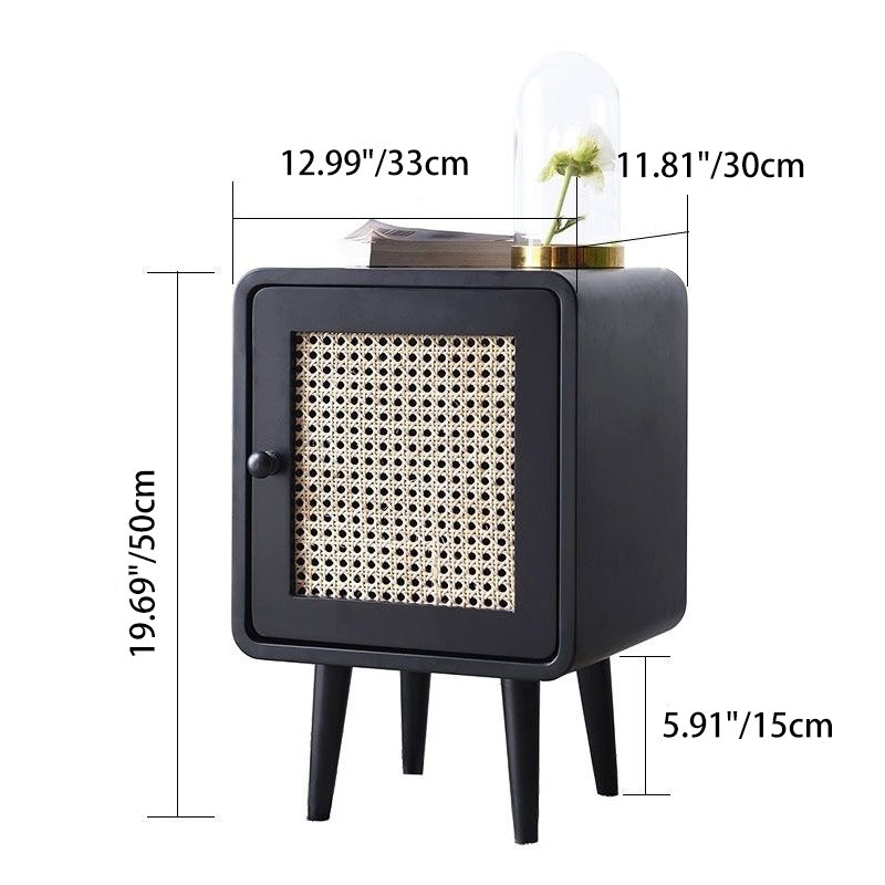 Contemporary Scandinavian Rounded-Edge Rectangular Particleboard MDF Pinewood Rattan Weaving End Table 1-Cabinet For Bedroom & Living Room