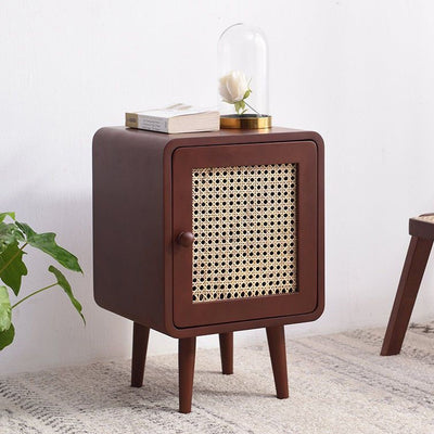 Contemporary Scandinavian Rounded-Edge Rectangular Particleboard MDF Pinewood Rattan Weaving End Table 1-Cabinet For Bedroom & Living Room