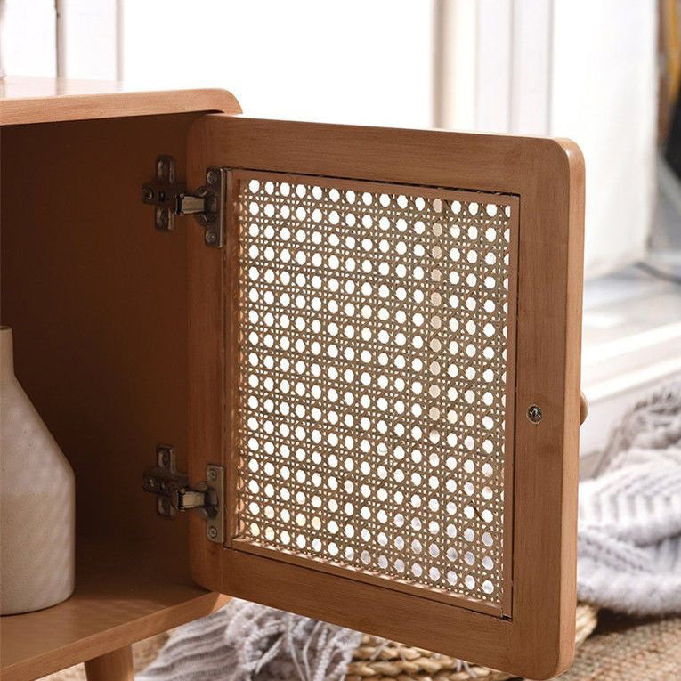Contemporary Scandinavian Rounded-Edge Rectangular Particleboard MDF Pinewood Rattan Weaving End Table 1-Cabinet For Bedroom & Living Room