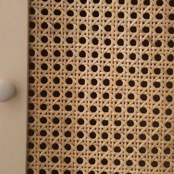 Zeitgenössischer skandinavischer rechteckiger Partikelbrett-MDF-Kiefernholz-Rattan-Webtisch mit abgerundeten Kanten, 1-Schrank für Schlafzimmer &amp; Wohnzimmer 