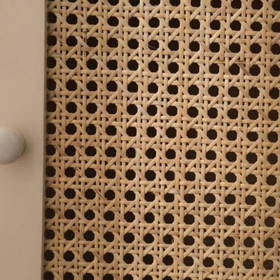 Contemporary Scandinavian Rounded-Edge Rectangular Particleboard MDF Pinewood Rattan Weaving End Table 1-Cabinet For Bedroom & Living Room