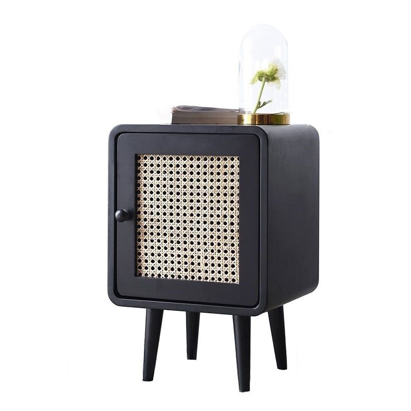 Contemporary Scandinavian Rounded-Edge Rectangular Particleboard MDF Pinewood Rattan Weaving End Table 1-Cabinet For Bedroom & Living Room