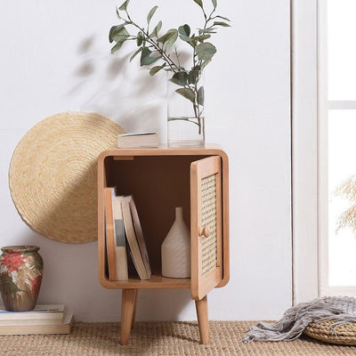 Contemporary Scandinavian Rounded-Edge Rectangular Particleboard MDF Pinewood Rattan Weaving End Table 1-Cabinet For Bedroom & Living Room