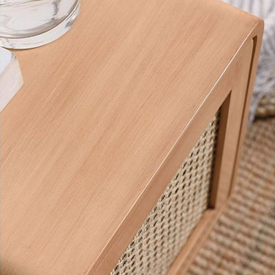 Contemporary Scandinavian Rounded-Edge Rectangular Particleboard MDF Pinewood Rattan Weaving End Table 1-Cabinet For Bedroom & Living Room
