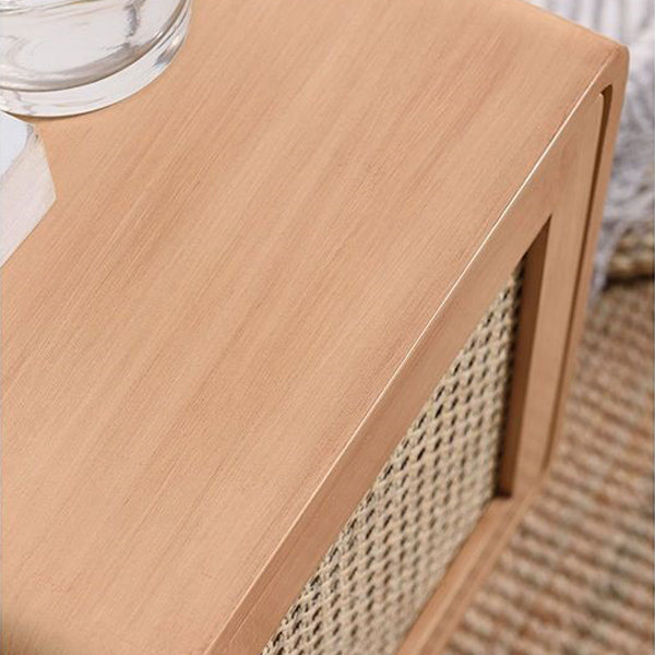 Contemporary Scandinavian Rounded-Edge Rectangular Particleboard MDF Pinewood Rattan Weaving End Table 1-Cabinet For Bedroom & Living Room