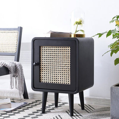 Contemporary Scandinavian Rounded-Edge Rectangular Particleboard MDF Pinewood Rattan Weaving End Table 1-Cabinet For Bedroom & Living Room