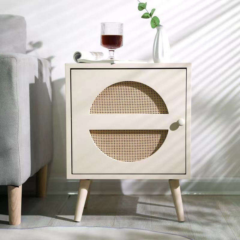 Contemporary Scandinavian Square MDF Rattan Weaving Pinewood Particleboard End Table 1-Cabinet For Living Room & Bedroom