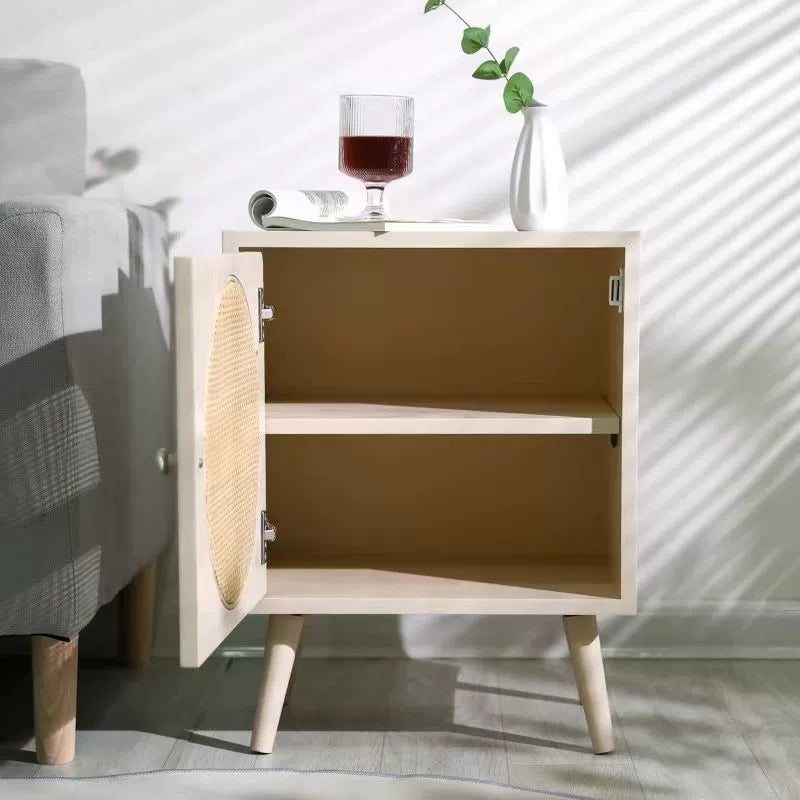 Contemporary Scandinavian Square MDF Rattan Weaving Pinewood Particleboard End Table 1-Cabinet For Living Room & Bedroom