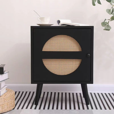 Contemporary Scandinavian Square MDF Rattan Weaving Pinewood Particleboard End Table 1-Cabinet For Living Room & Bedroom