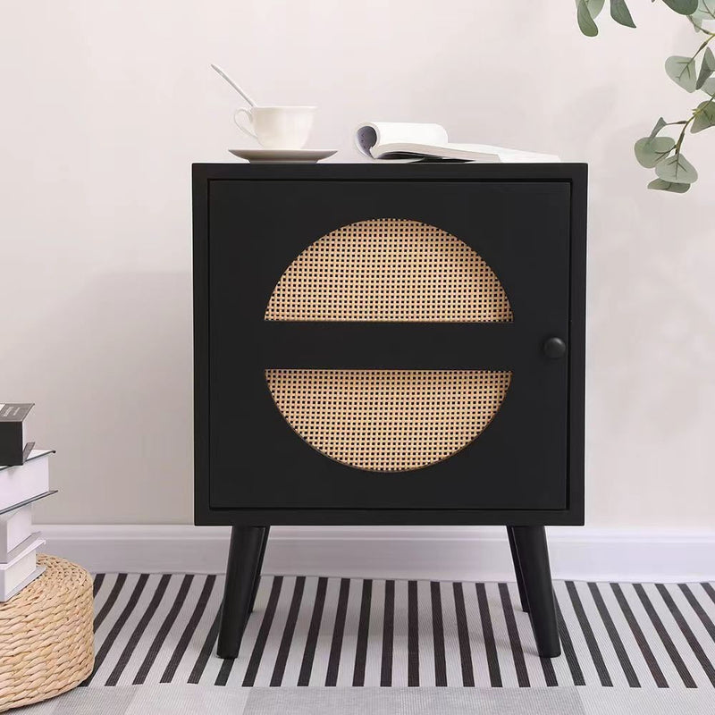 Contemporary Scandinavian Square MDF Rattan Weaving Pinewood Particleboard End Table 1-Cabinet For Living Room & Bedroom