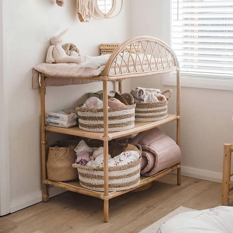 Contemporary Boho Rectangular Genuine Rattan Weaving Display Rack 3-Tier For Living Room