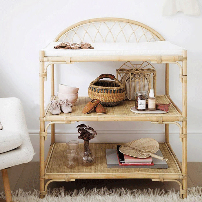 Contemporary Boho Rectangular Genuine Rattan Weaving Display Rack 3-Tier For Living Room