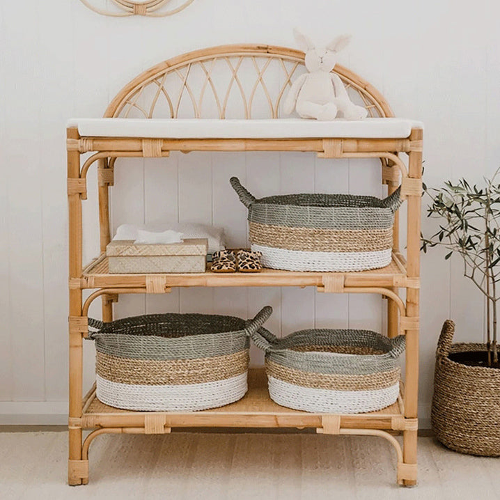 Contemporary Boho Rectangular Genuine Rattan Weaving Display Rack 3-Tier For Living Room