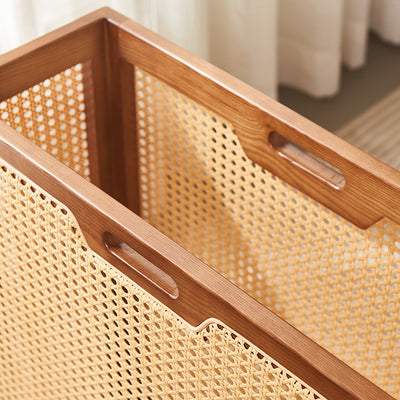 Contemporary Boho Rectangular Solid Wood Plastic Rattan Weaving Movable Storage Cabinet 1-Storage For Living Room