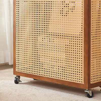 Contemporary Boho Rectangular Solid Wood Plastic Rattan Weaving Movable Storage Cabinet 1-Storage For Living Room