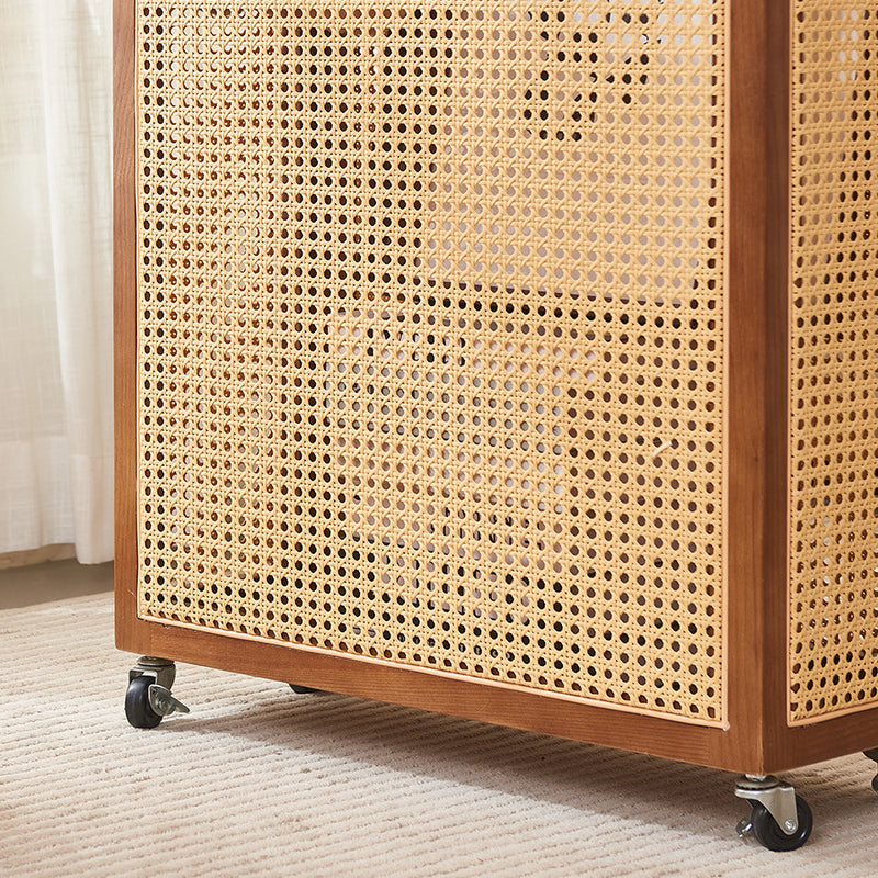 Contemporary Boho Rectangular Solid Wood Plastic Rattan Weaving Movable Storage Cabinet 1-Storage For Living Room