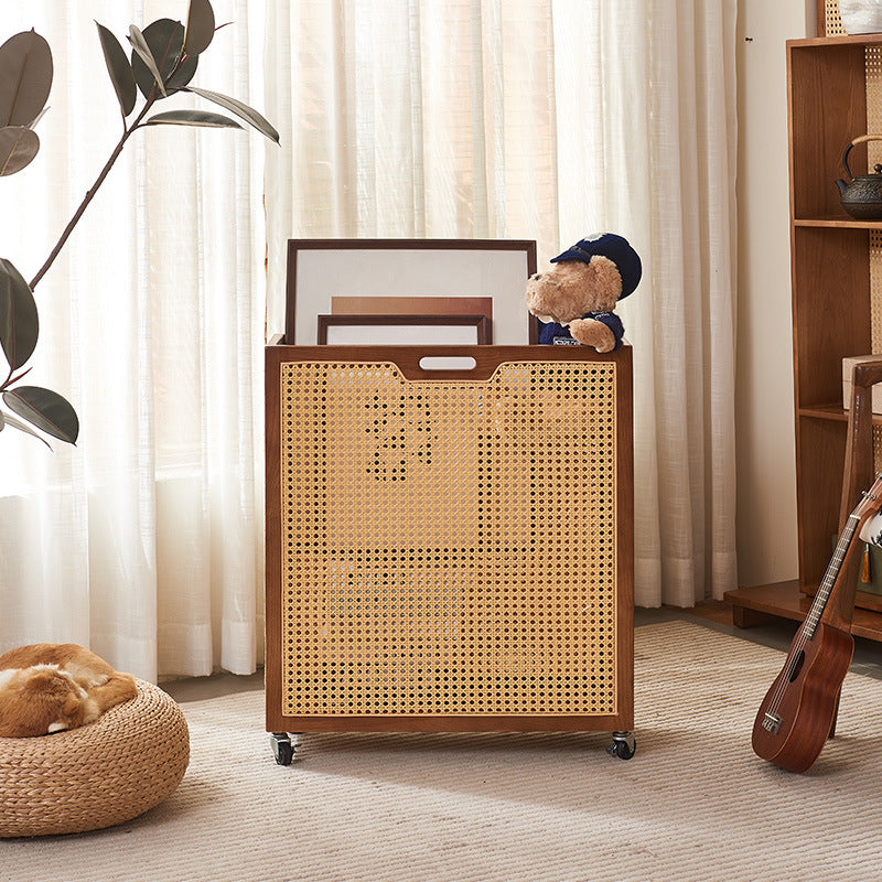 Contemporary Boho Rectangular Solid Wood Plastic Rattan Weaving Movable Storage Cabinet 1-Storage For Living Room
