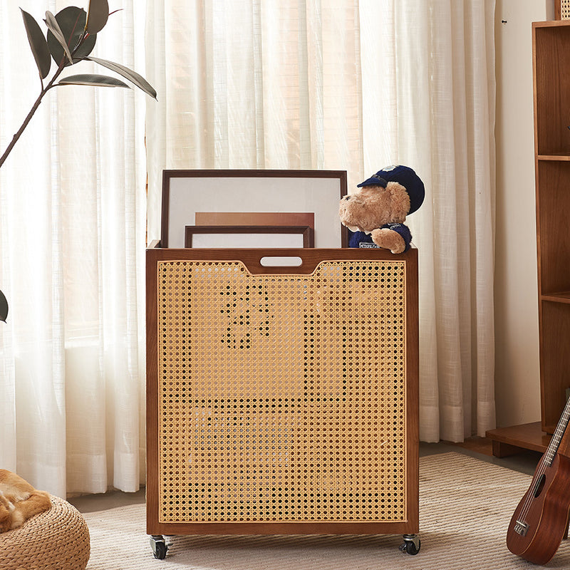 Contemporary Boho Rectangular Solid Wood Plastic Rattan Weaving Movable Storage Cabinet 1-Storage For Living Room