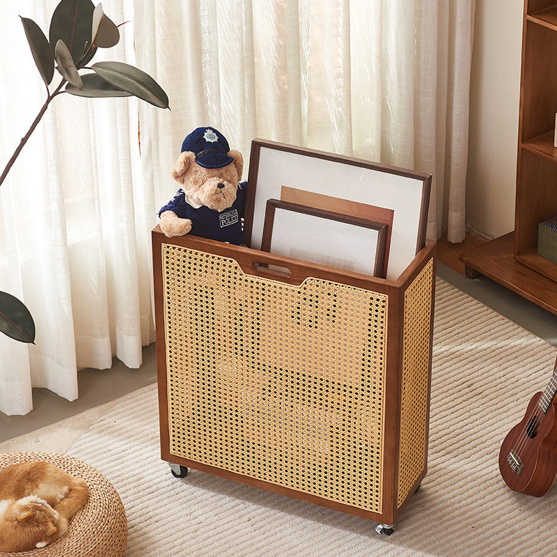 Contemporary Boho Rectangular Solid Wood Plastic Rattan Weaving Movable Storage Cabinet 1-Storage For Living Room