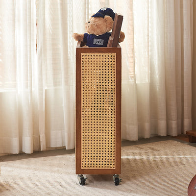 Contemporary Boho Rectangular Solid Wood Plastic Rattan Weaving Movable Storage Cabinet 1-Storage For Living Room