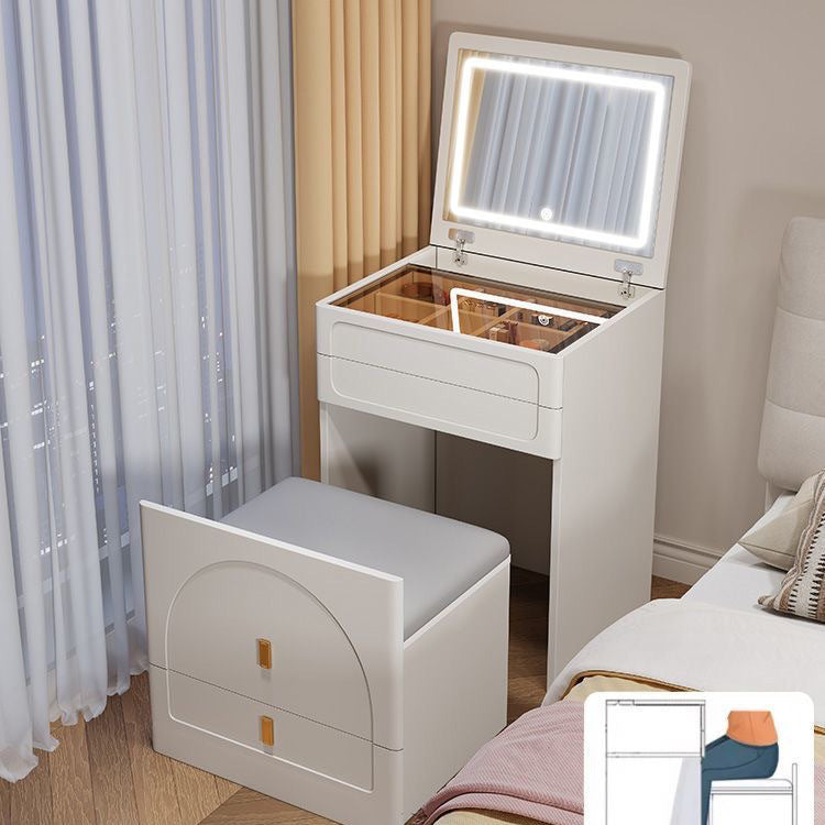 Modern Minimalist Rectangular MDF Tempered Glass Faux Leather Makeup Vanity & Vanity Stool Set With Mirror 3-Drawer For Bedroom