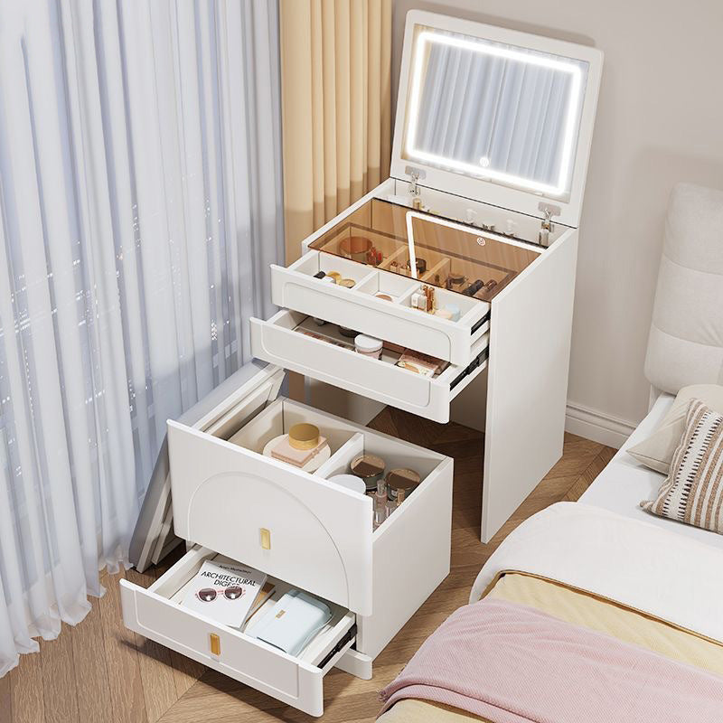 Modern Minimalist Rectangular MDF Tempered Glass Faux Leather Makeup Vanity & Vanity Stool Set With Mirror 3-Drawer For Bedroom